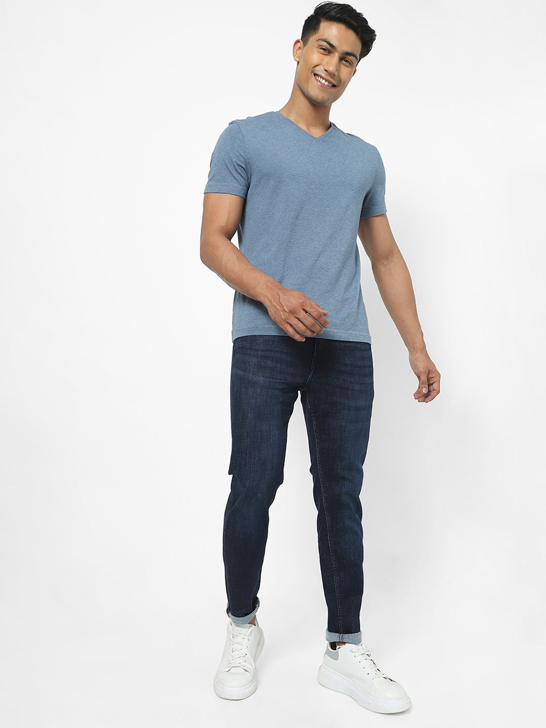 Men Slim Mid Rise Dark Blue Jeans
